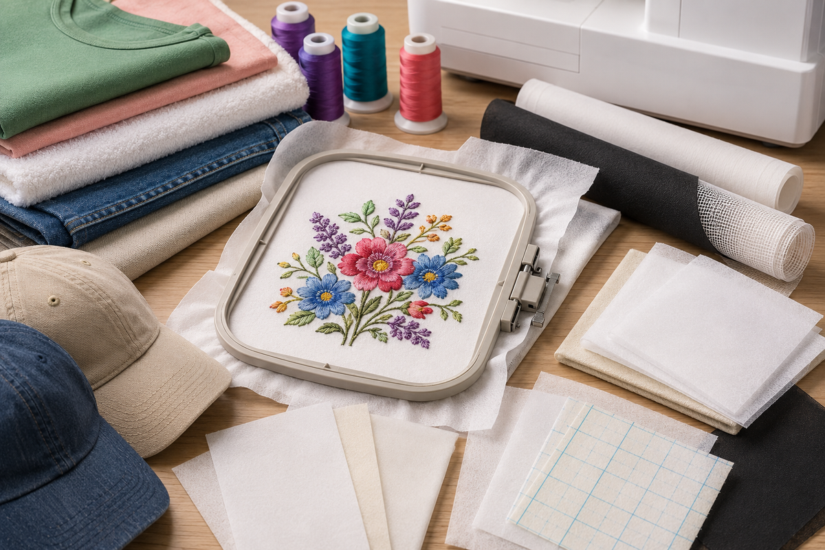 Embroidery hoop with floral stitching surrounded by cotton, knit, terry cloth, fleece, denim, caps, colorful embroidery thread, and stabilizer materials on a sewing workspace.