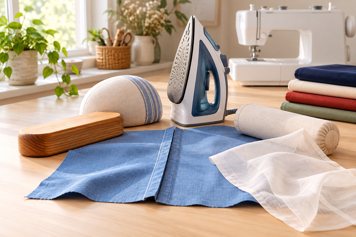 Steam iron, tailor’s ham, seam roll, wooden clapper, and pressing cloth beside an open seam in blue fabric, with a sewing machine in the background.