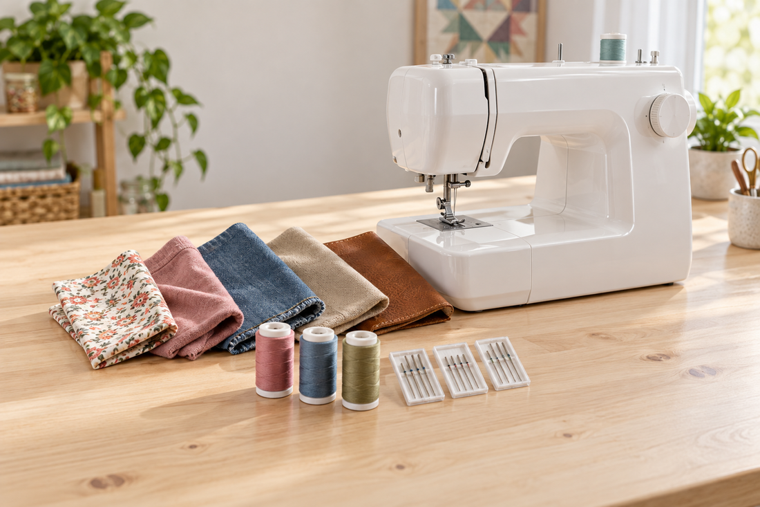 Sewing machine needle and presser foot surrounded by quilting cotton, knit, denim, canvas, leather, thread spools, and assorted machine needles.