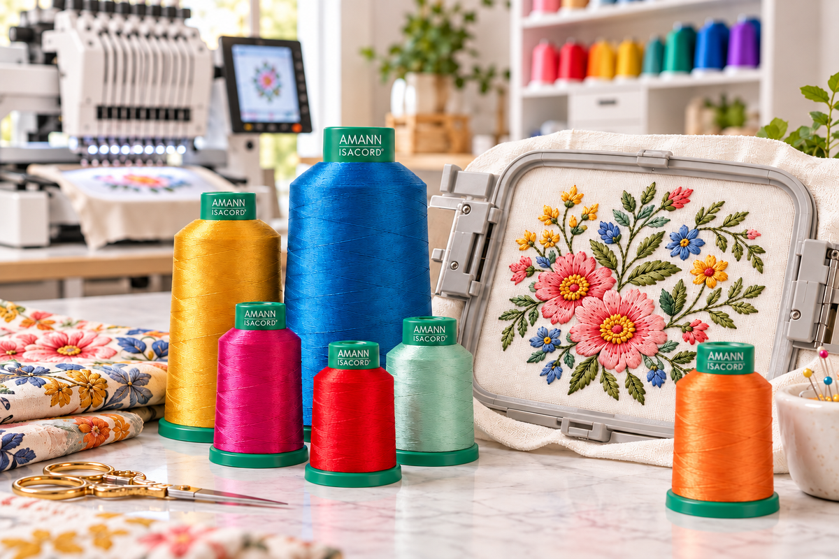 Isacord machine embroidery thread in multiple colors beside a finished embroidery design and embroidery machine.