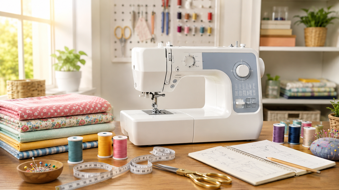 Modern sewing machine on a wooden table surrounded by colorful fabric, thread, scissors, measuring tape, pins, and a sewing notebook in a bright home sewing room.