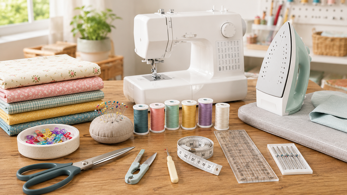 Beginner sewing tools arranged on a wooden table with a sewing machine, fabric, thread, scissors, measuring tape, pins, ruler, needles, seam ripper, and iron.
