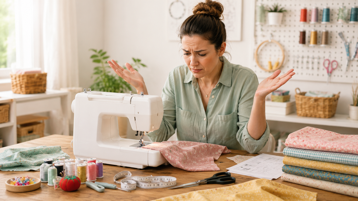Woman in a home sewing room raising her hands in frustration while sitting at a sewing machine surrounded by fabric, thread, scissors, measuring tape, and sewing supplies.