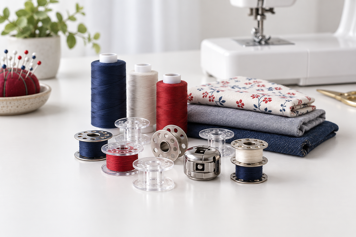 Clear plastic and metal sewing-machine bobbins, a bobbin case, thread spools, and folded fabrics arranged beside a white sewing machine.