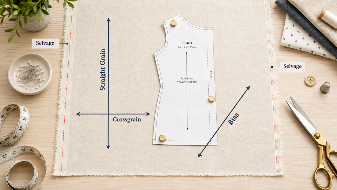 Sewing pattern piece placed on woven fabric with labeled straight grain, crossgrain, bias, and selvage directions, surrounded by scissors, pins, measuring tape, and sewing supplies.