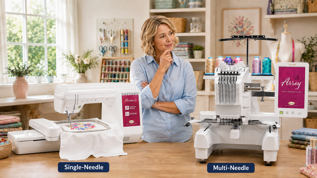 Single-needle and multi-needle embroidery machines displayed side by side in a bright sewing room with a woman comparing the two machines.