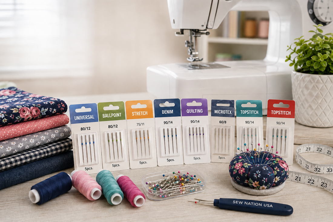 Sewing machine needle types displayed with colorful thread, fabric, pins, measuring tape, and sewing machine in a bright sewing room.