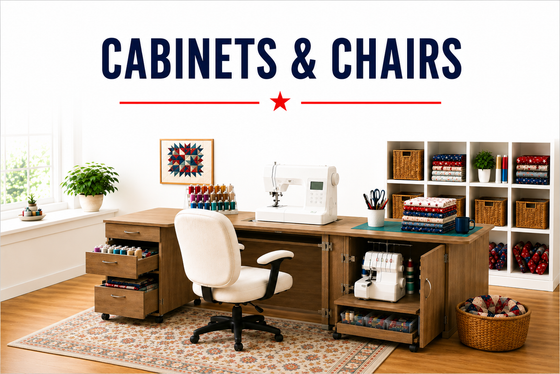 Sewing cabinet with machine lift and adjustable chair in a sewing room, with a serger stored below and thread and fabric in the drawers