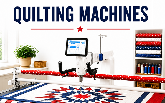 Longarm quilting machine with touchscreen stitching a red, white, and blue star quilt on a frame in a bright sewing studio