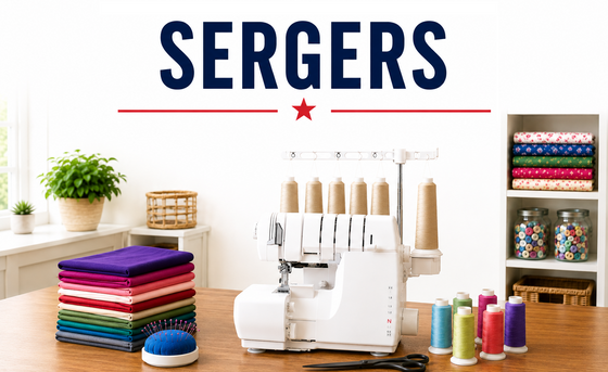 Serger with five thread cones on a wooden table beside folded knit fabrics, thread spools, and a pin cushion in a bright sewing room