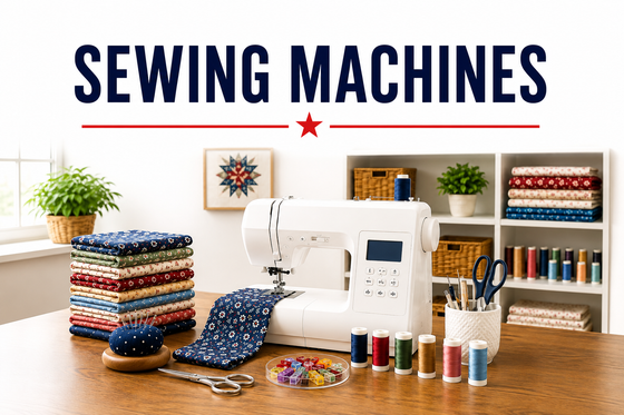 Sewing Machines category with a sewing machine, fabric, thread, and sewing tools