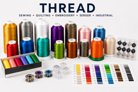 Thread cones and spools in many colors with bobbins and a thread color card on a white background