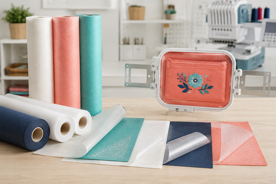 Adhesive embroidery stabilizers with a floated embroidery project