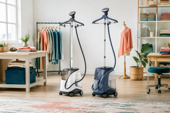 Commercial garment steamers in a professional apparel workroom