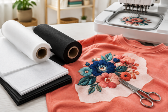 Cut-away embroidery stabilizers with dense embroidery on knit fabric