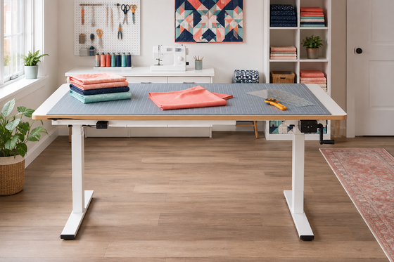 Adjustable cutting table with mat, fabric and rotary cutter