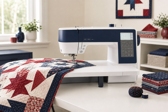 Domestic sewing and quilting machine stitching a red, white, and navy patchwork quilt