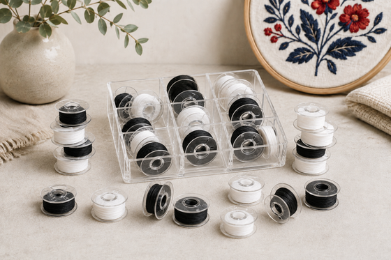 White and black embroidery machine bobbins arranged in a clear organizer