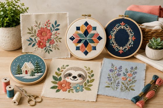 Assorted finished machine embroidery designs displayed in hoops and fabric
