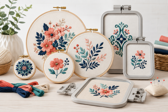 Assorted embroidery hoops and frames with stitched designs