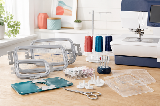 Embroidery machine accessories including hoops, bobbins and placement templates