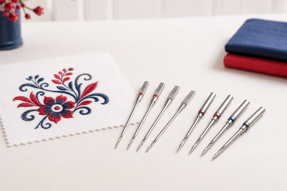 Embroidery machine needles beside red and navy machine embroidery