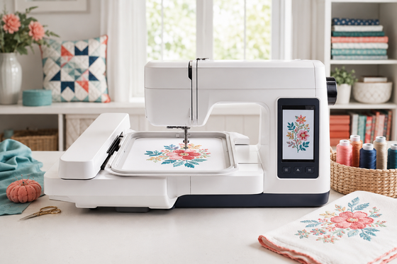 Single-needle home embroidery machine stitching a floral design in a bright sewing studio