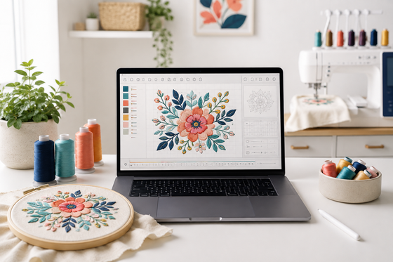 Embroidery software displayed in a creative sewing studio