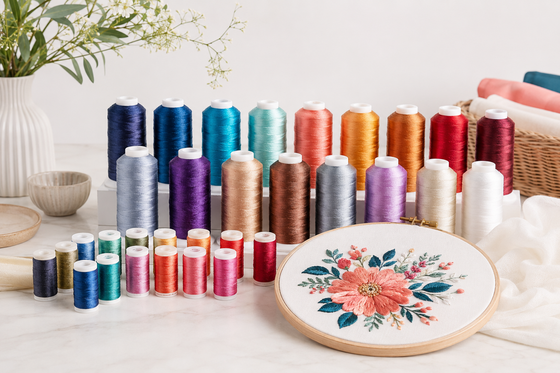 Colorful embroidery thread assortment with stitched floral design