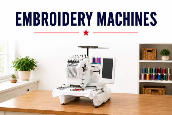 Multi-needle embroidery machine stitching a floral design on white fabric, with thread cones and a touchscreen, in a bright sewing room