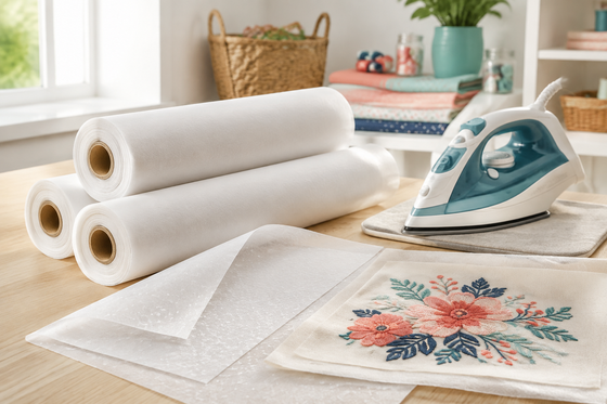 Fusible embroidery stabilizers with iron and embroidered fabric