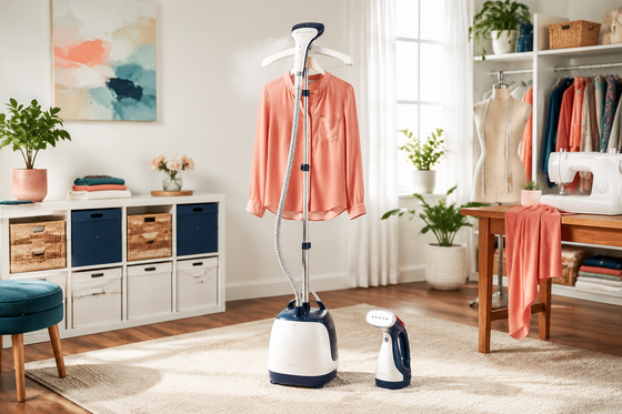 Upright and handheld garment steamers in a sewing studio