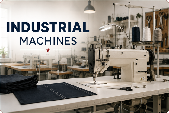 Industrial sewing machine on a factory table with topstitched denim, thread cones, and a production floor in the background
