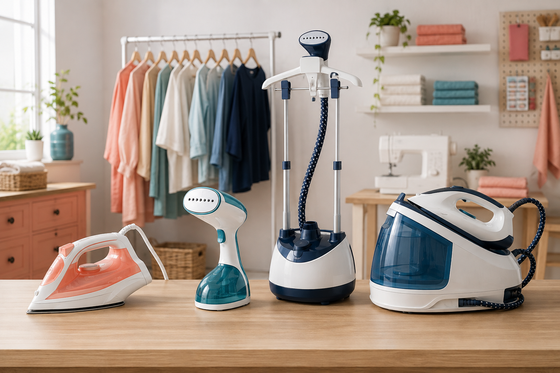 Assorted irons and garment steamers for sewing and garment care