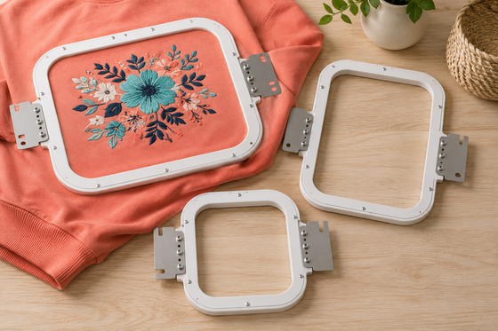 Mighty Hoop magnetic embroidery hoops with an embroidered sweatshirt