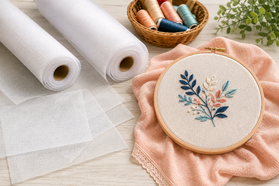 Mesh embroidery stabilizers with embroidered knit fabric