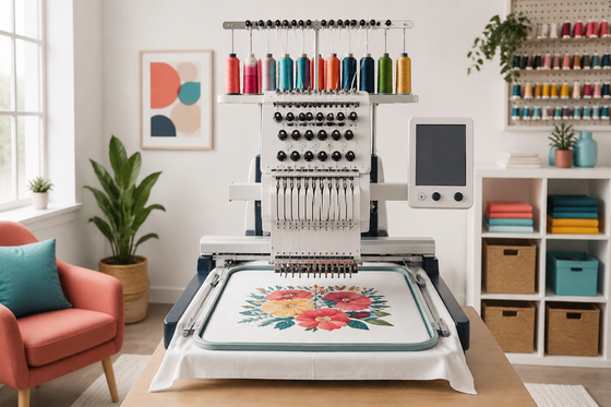Multi-needle embroidery machine stitching a colorful design