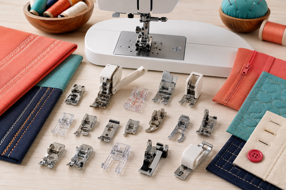 Assorted sewing machine presser feet with stitched samples