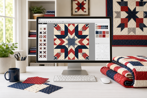 Computer displaying quilt design software in a bright sewing studio