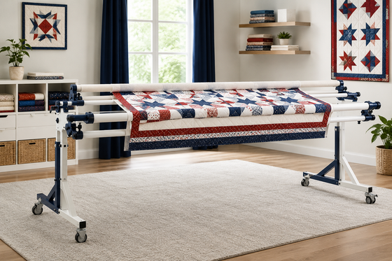 Rolling quilting frame holding a red, white, and navy patchwork quilt