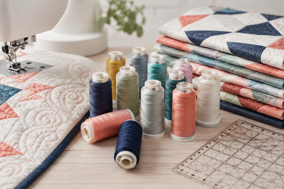 Quilting thread assortment with machine-quilted fabric