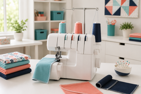 Three-thread home serger with three thread cones and overlock edge samples