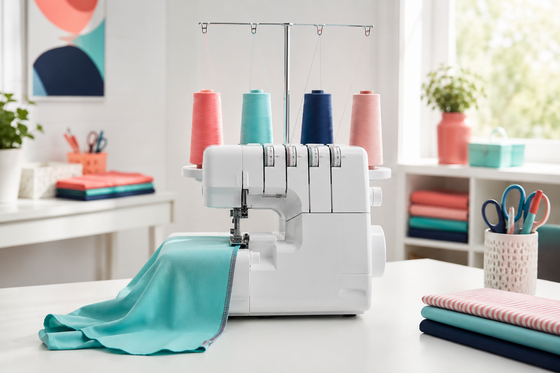 Four-thread home serger sewing a durable overlock seam in knit fabric