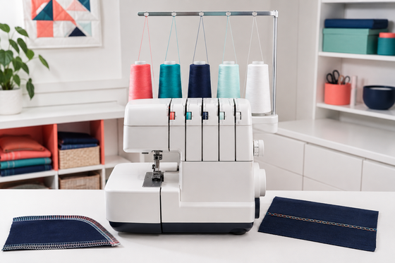 Five-thread home serger with five thread cones and safety-seam samples