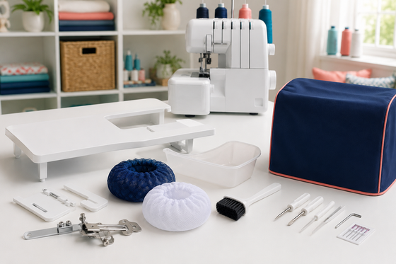 Home serger accessories including extension table, guides, trim catcher and machine cover