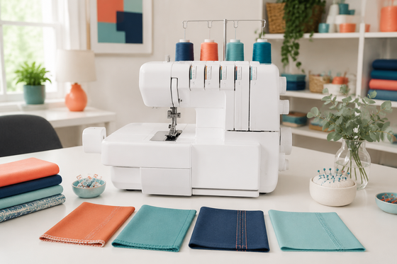 Combination home serger and coverstitch machine with multiple finished seam samples
