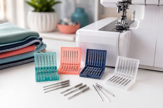 Serger and coverstitch machine needles in organized cases beside a home serger