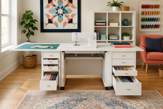 Sewing cabinet with machine lift, work surface and storage