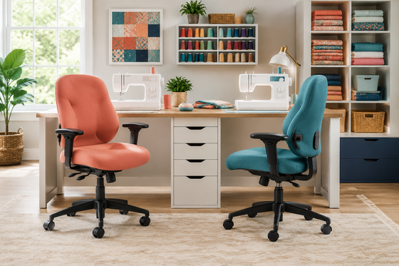 Ergonomic sewing chairs in an organized sewing studio