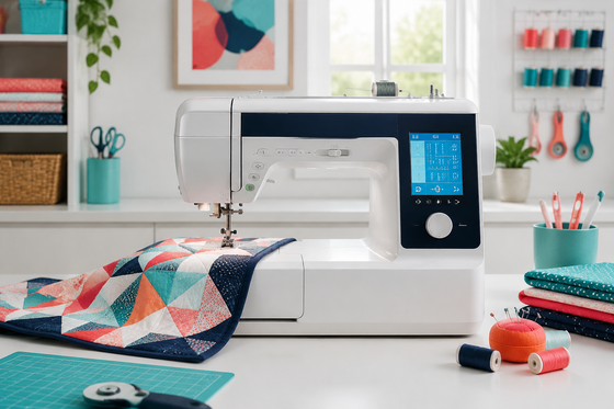Computerized home sewing machine with touchscreen in a bright sewing studio